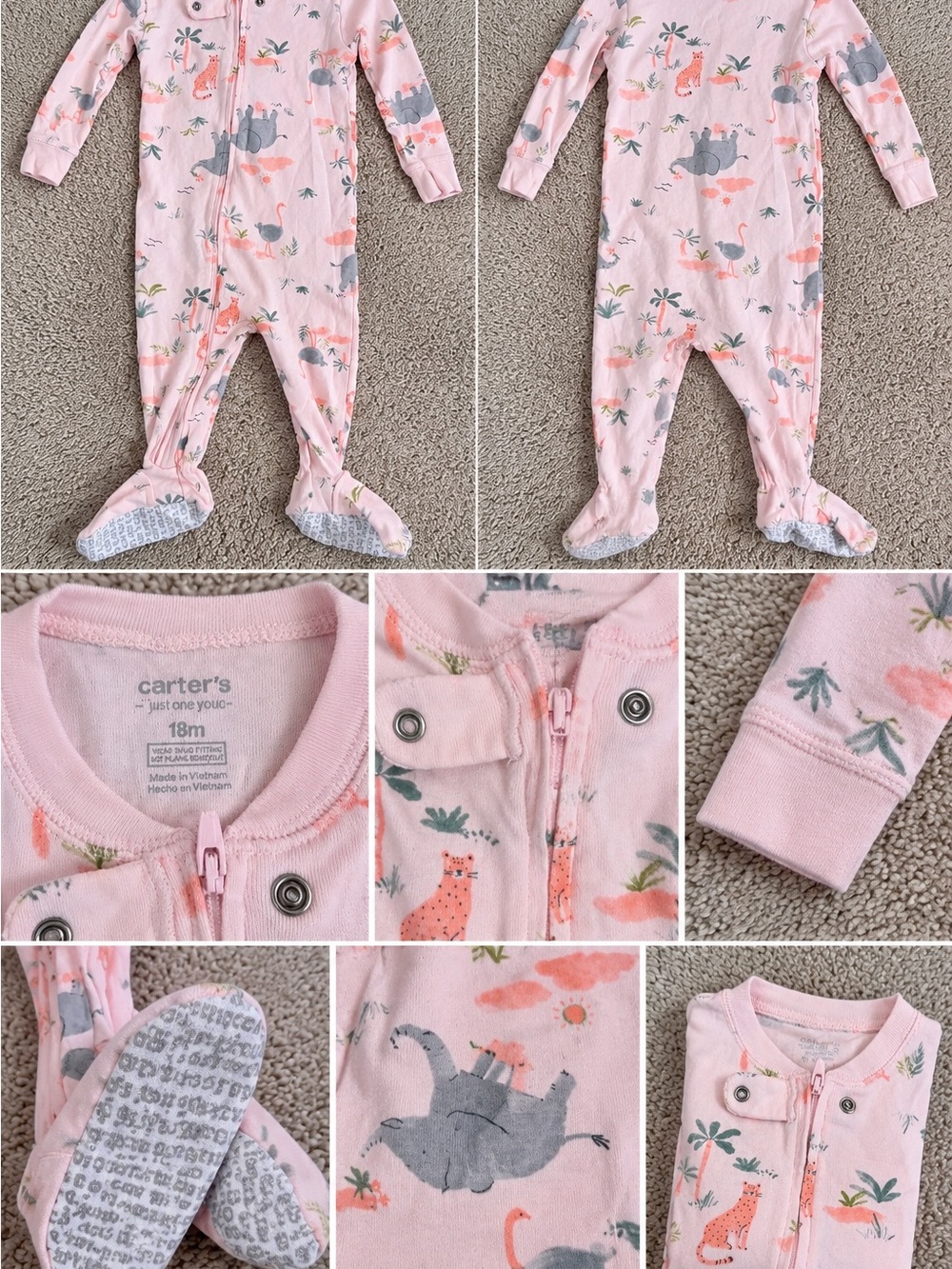 Carter's Light Pink Animal Print Footed One-Piece Pajamas